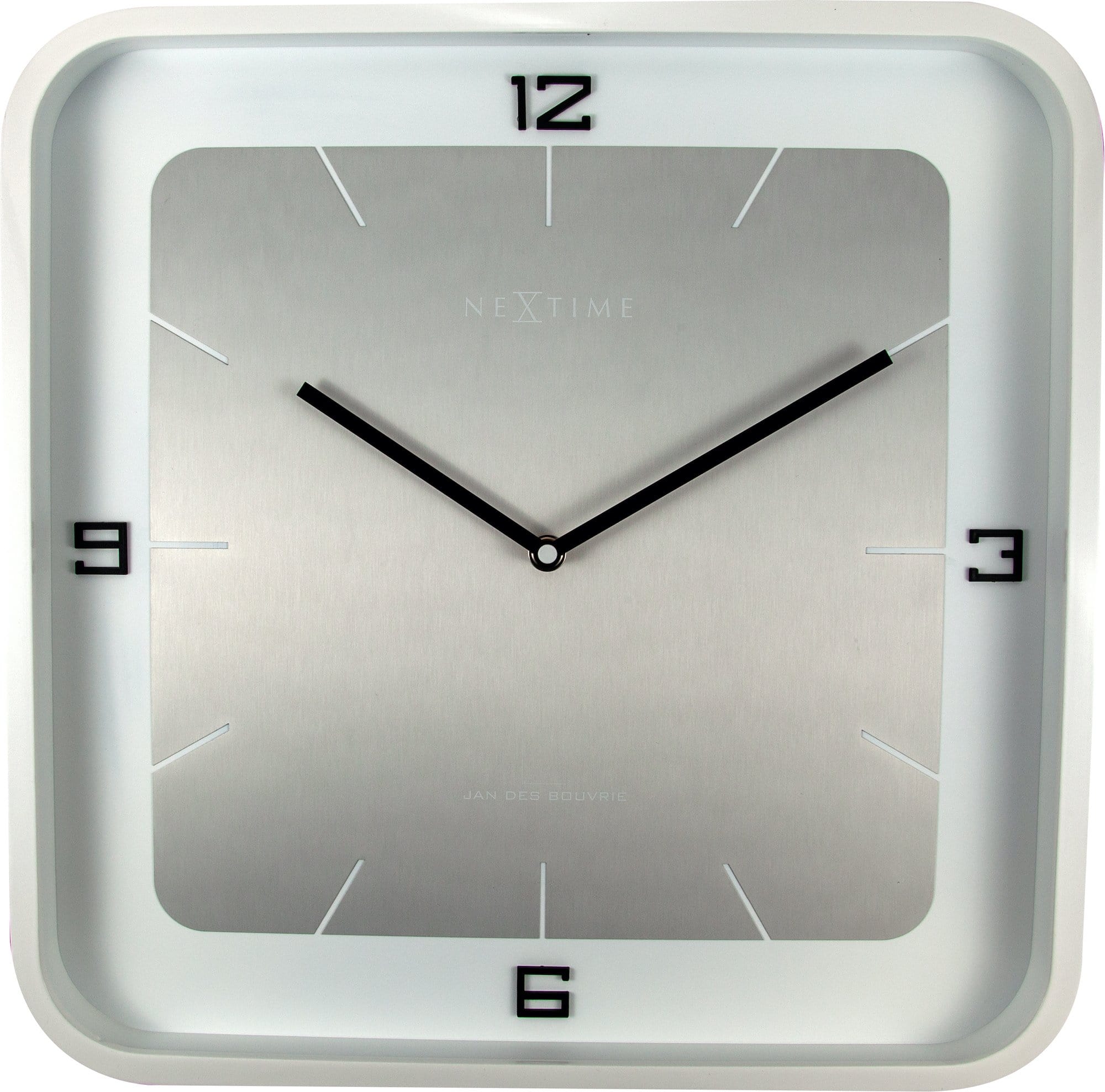 Square wooden wall clock from NeXtime Clocks, 40x40 cm, with a minimalist design and black clock hands on a light wood face.